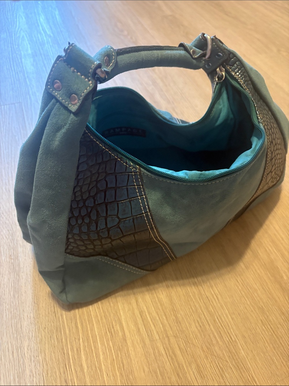 VTG Y2K Rampage Teal Suede Hobo with Croc-Embossed Panels - Picture 4 of 4